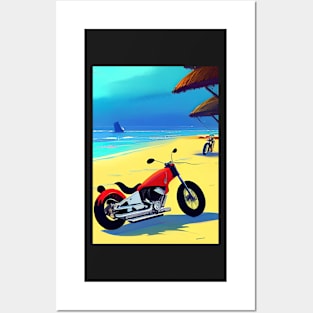 COOL RETRO STYLE MOTORCYCLE ON A TROPICAL BEACH Posters and Art